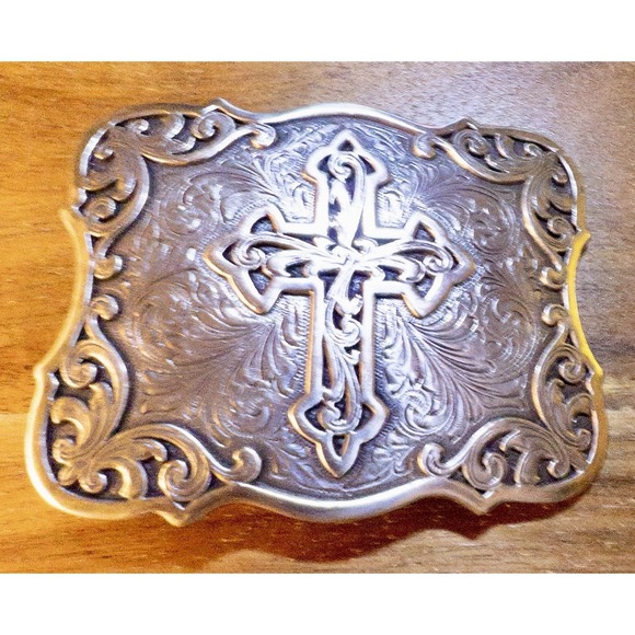 Western Silver Tone Cross Belt Buckle 3.5" X 3" - Picture 2 of 7